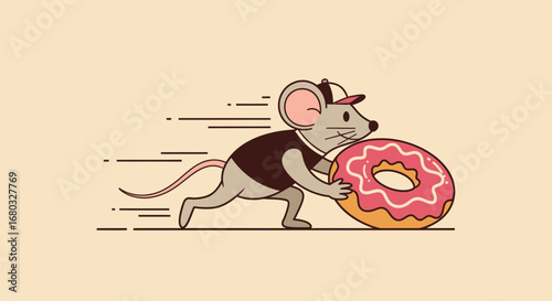 An illustrated cartoon shows a mouse running rapidly with a large donut in his paws