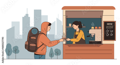 An illustrated depiction of a traveler buying coffee from a coffee shop in the city