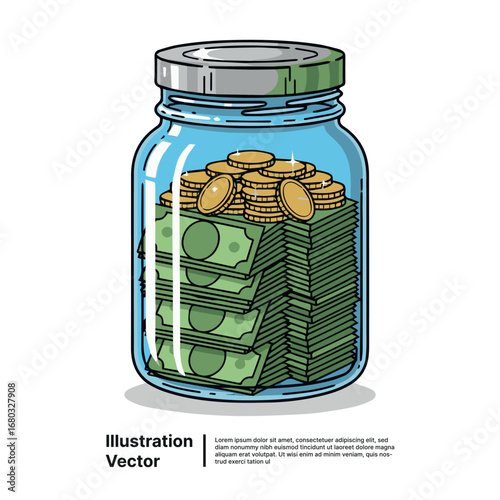 Illustration of a glass jar filled with money, representing savings and financial growth