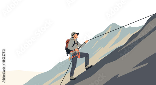 Adventurous Climber Scaling Mountain, Reaching New Heights in Challenging Terrain