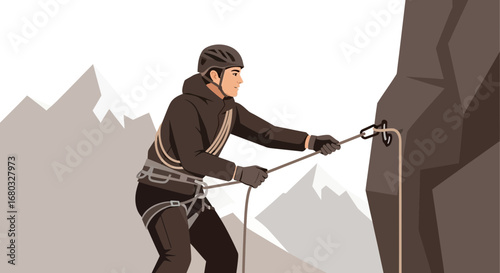 Adventurous Climber Scaling Steep Rock Formation Secured By Rope And Safety Gear
