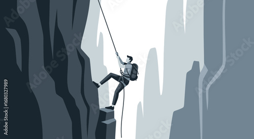 Adventurous Climber Scaling Rocky Cliffs with Rope for Extreme Outdoor Activity Success