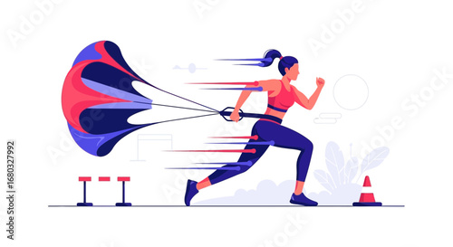 An illustration depicting a woman exercising with parachute to train her physique