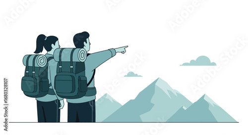 Adventurous Couple Hiking in Mountains Peak And Enjoying the Great Outdoors View