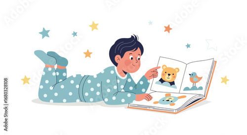An illustration of a child in pajamas reading a bedtime storybook about animals
