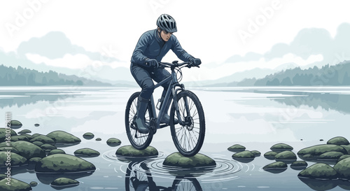 Adventurous Cyclist Balancing Over River Rocks During Daytime Exercise