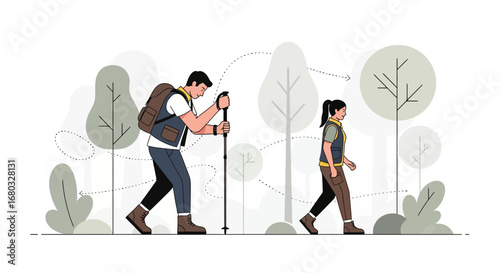 Adventurous Couple Hiking Through Serene Forest, Exploring Nature Together, Vector Illustration