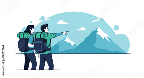 Adventurous Couple Hiking in Mountains Enjoying Scenic View and Outdoor Expedition