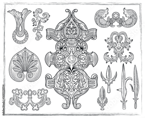 Old fantasy engraved illustration with gotic and celtic decorations isolated on white. Vector line art drawings, medieval ornated symbols