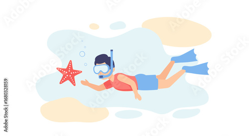 An illustration of a child snorkeling and interacting with a starfish in the ocean water