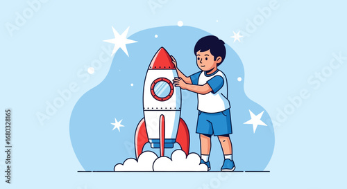 An Illustration of a Child Standing by a Rocket Ready for Launch in Space