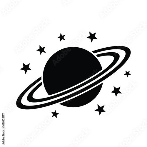 Vector art of black silhouette of planet saturn with rings and stars