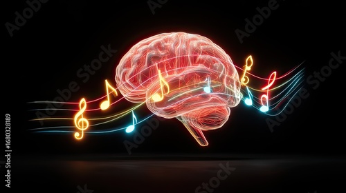 Colorful Neon Brain with Music Notes and Vibrant Waves Representing Creativity and Intelligence