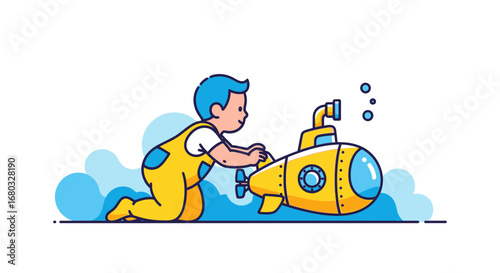 An illustration of a child playing with a toy submarine underwater illustration