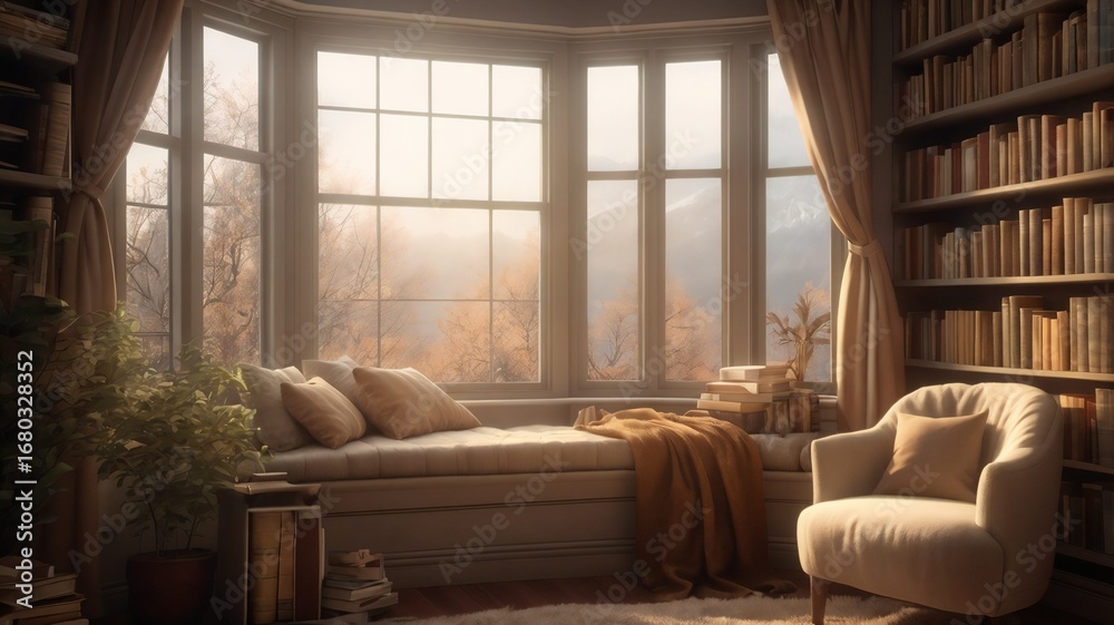 Fototapeta premium Cozy Reading Nook with Bay Window, Autumn Mountain View, Bookshelves and Warm Earthy Interior