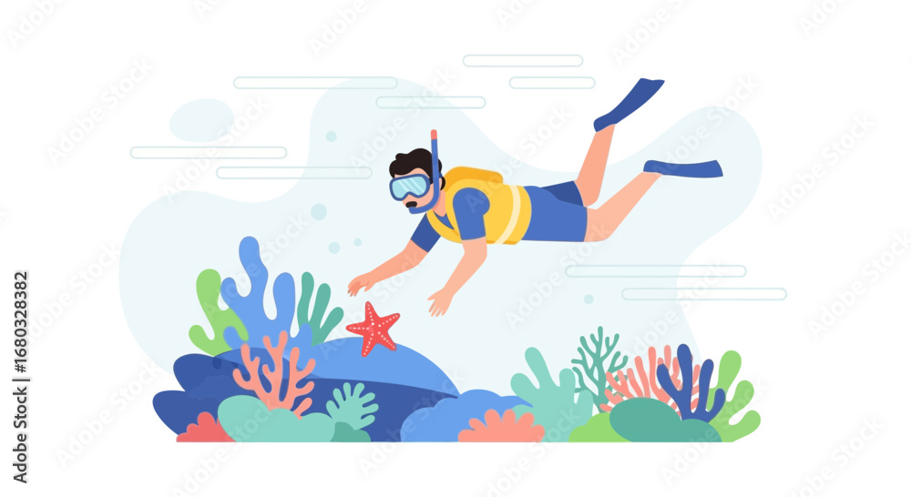 Fototapeta premium Adventurous Diver Swimming Near The Colorful Coral Reef With A Starfish Encountering