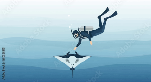 An illustration of a diver interacting with a manta ray in the deep ocean waters