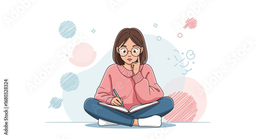 An illustration of a girl writing in a notebook with a thoughtful expression of focus