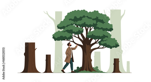 An illustration of a man looking at a tree in a forest environment scene