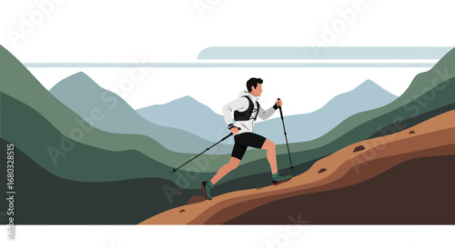 An illustration of a man hiking up a mountain using trekking poles for support