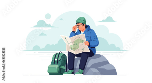 Adventurous Explorer Examining Map While Contemplating The Journey's Unfolding Route