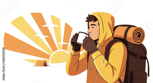 Adventurous Explorer Drinking Coffee in the Early Morning Sun Rising, Hiking Adventure