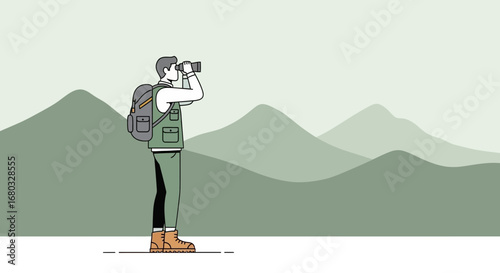 Adventurous Explorer Gazes Through Binoculars at Scenic Mountain Range in Serene Landscape