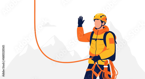 An illustration of a mountain climber waving towards the viewer while scaling mountains