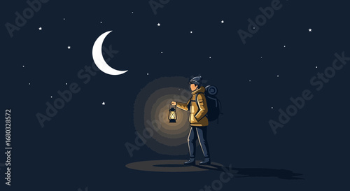 Adventurous Explorer Illuminated Under Celestial Canopy During A Nocturnal Trek