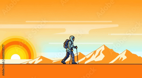 Adventurous Explorer Hiking Mountains at Sunrise, Colorful Sunset Silhouette Landscape