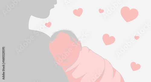 An illustration of a mother holding a baby with hearts for love and tenderness