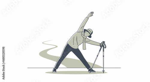 An illustration of a person doing stretching exercises with trekking poles on a path