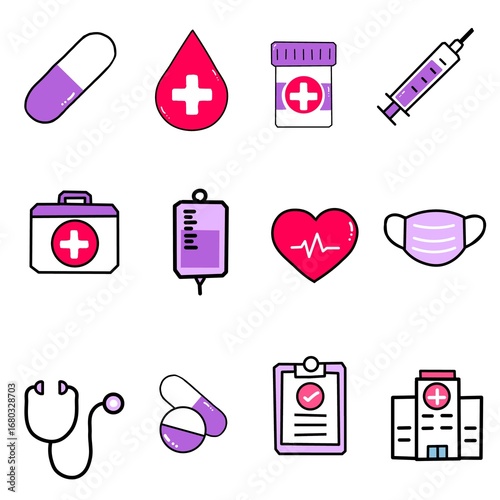 Colorful medical icons collection including pills, syringe, stethoscope, heart, mask, first aid kit, hospital.