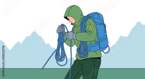 An illustration of a person preparing for an outdoor adventure in the mountains