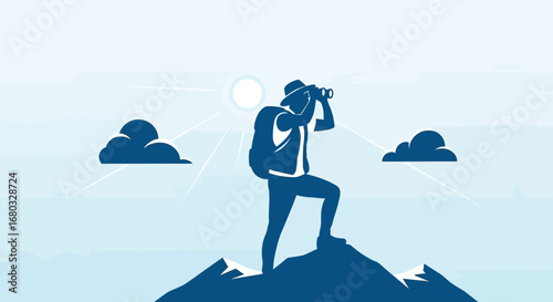 Adventurous Explorer Observing Landscape Through Binoculars on a Sunny Day