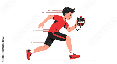 An illustration of a runner with a stopwatch showing high speed and time tracking