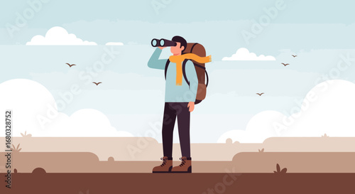 Adventurous Explorer Observing Landscape Through Binoculars Searching The Horizon In Daylight