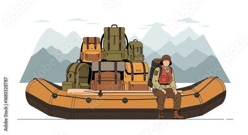 Adventurous Explorer on Raft Surrounded by Backpacks Ready to Adventure Together