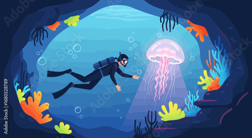An illustration of a scuba diver exploring an underwater world with jellyfish