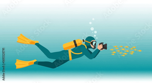An illustration of a scuba diver taking a photo of fish underwater with a camera