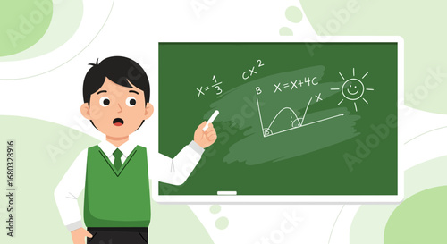 An illustration of a teacher explaining a math problem on a chalkboard