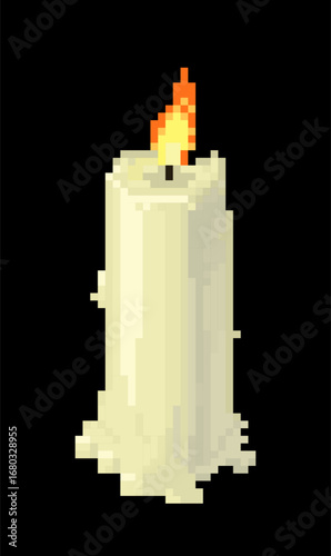 Pixel art lit wax candle isolated on black background.