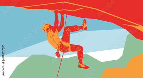 Adventurous Figure Climbing Steep Cliffs, High Altitude, Red Tones, Courageous And Determined