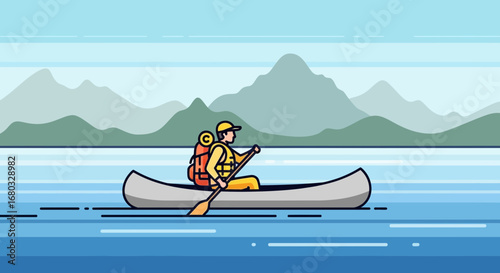 Adventurous Figure Paddling Canoe Around A Calm Lake Surrounded By Majestic Mountains