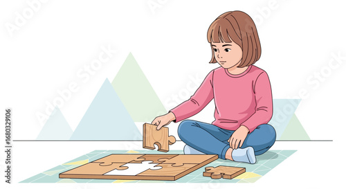 An illustration of a young girl playing with a wooden jigsaw puzzle on a mat