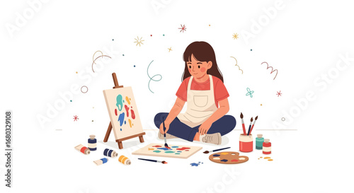 An illustration of a young girl painting, artistic creative activity for kids