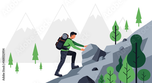Adventurous Hiker Ascending Rocky Slope Towards Mountain Peaks in Scenic Landscape
