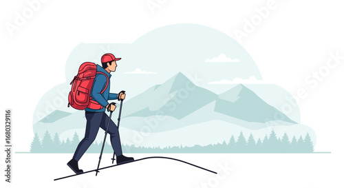 Adventurous Hiker Ascending Steep Terrain Towards Majestic Mountain Peaks