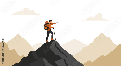 Adventurous Hiker Ascends Mountain Peak, Pointing Towards Vast Landscape Horizon View