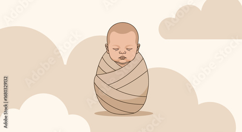 An illustration of an adorable swaddled baby sleeping peacefully amongst fluffy clouds